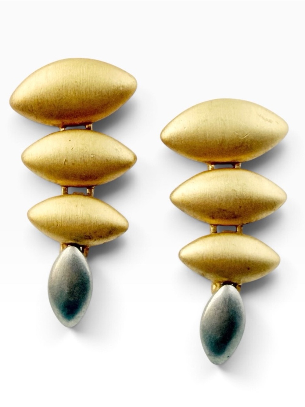 Vintage Modernist Brushed Goldtone Elongated Oval Drop Dangle Earrings
